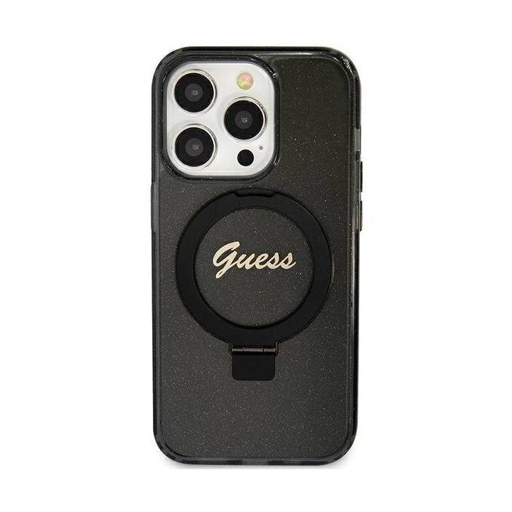 iPhone 11 / Xr - juodas Guess Ring Stand Script Glitter MagSafe dėklas