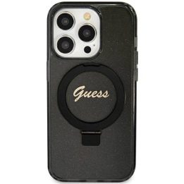 iPhone 12/12 Pro - juodas Guess Ring Stand Script Glitter MagSafe dėklas
