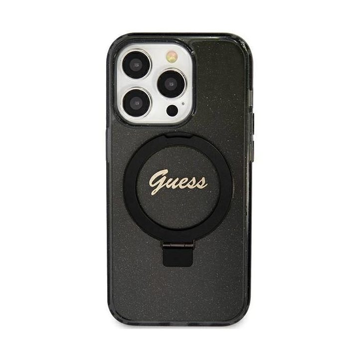 iPhone 12/12 Pro - juodas Guess Ring Stand Script Glitter MagSafe dėklas