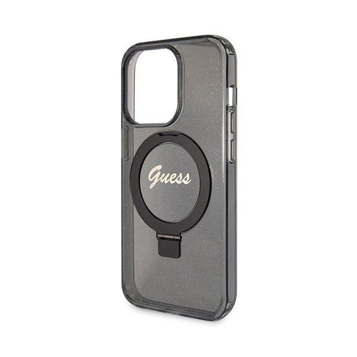 iPhone 13 Pro / 13 - juodas Guess Ring Stand Script Glitter MagSafe dėklas