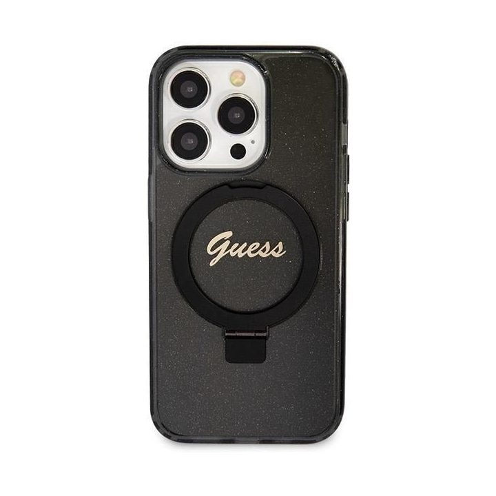 iPhone 13 Pro / 13 - juodas Guess Ring Stand Script Glitter MagSafe dėklas