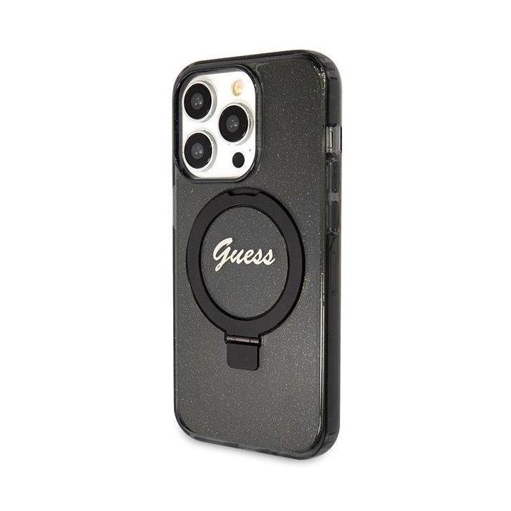 iPhone 13 Pro / 13 - juodas Guess Ring Stand Script Glitter MagSafe dėklas