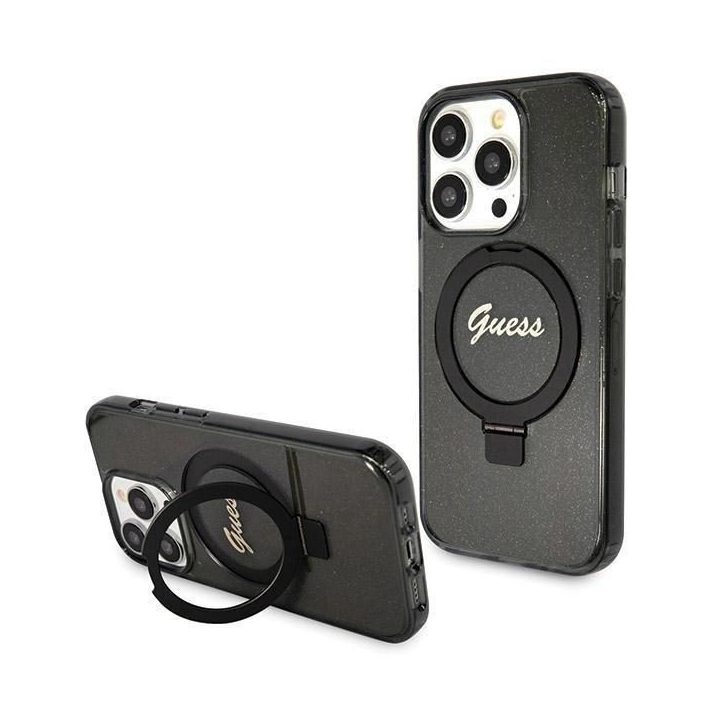 iPhone 13 Pro / 13 - juodas Guess Ring Stand Script Glitter MagSafe dėklas