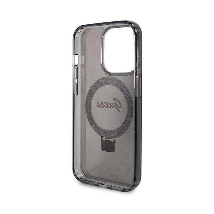 iPhone 13 Pro / 13 - juodas Guess Ring Stand Script Glitter MagSafe dėklas