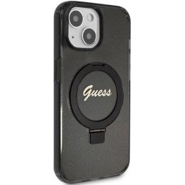 iPhone 13 / 14 / 15 - juodas Guess Ring Stand Script Glitter MagSafe dėklas