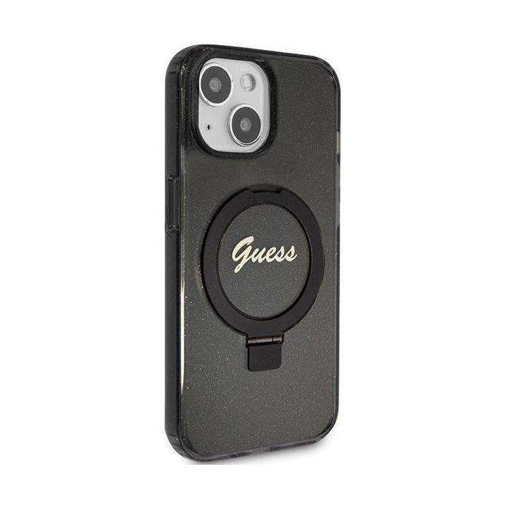 iPhone 13 / 14 / 15 - juodas Guess Ring Stand Script Glitter MagSafe dėklas