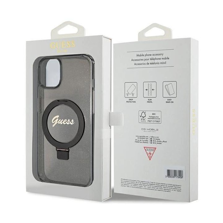 iPhone 13 / 14 / 15 - juodas Guess Ring Stand Script Glitter MagSafe dėklas