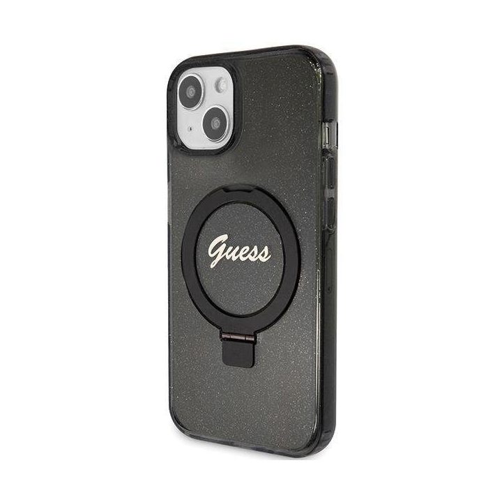iPhone 13 / 14 / 15 - juodas Guess Ring Stand Script Glitter MagSafe dėklas