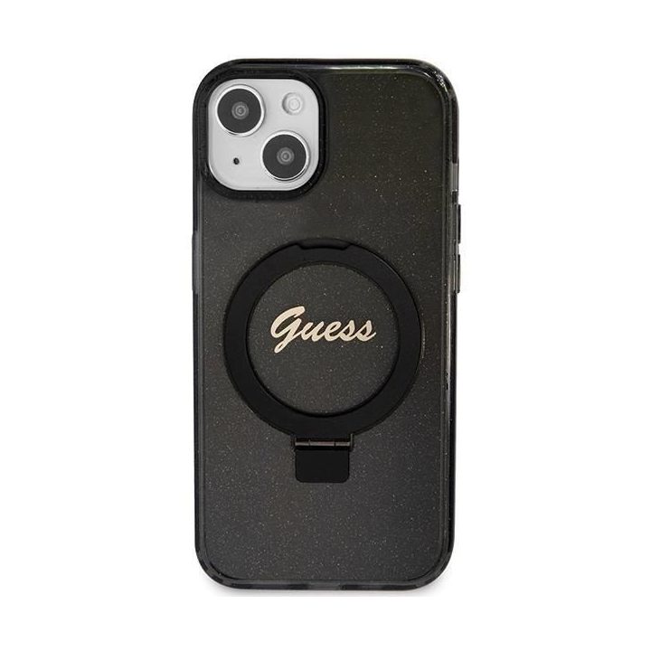 iPhone 13 / 14 / 15 - juodas Guess Ring Stand Script Glitter MagSafe dėklas