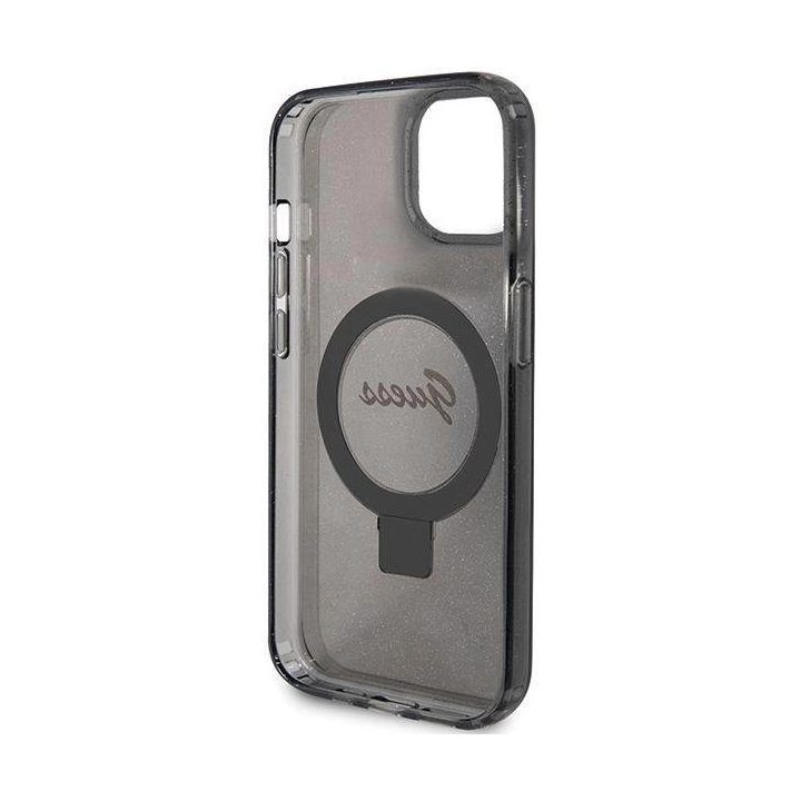 iPhone 13 / 14 / 15 - juodas Guess Ring Stand Script Glitter MagSafe dėklas