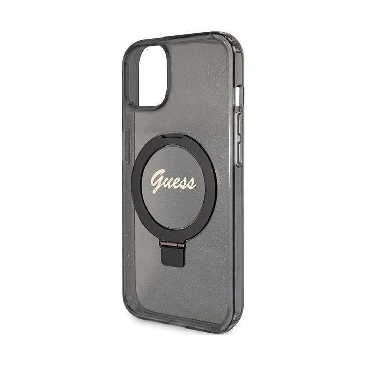 iPhone 13 / 14 / 15 - juodas Guess Ring Stand Script Glitter MagSafe dėklas