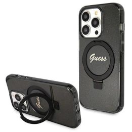iPhone 13 Pro Max - juodas Guess Ring Stand Script Glitter MagSafe dėklas