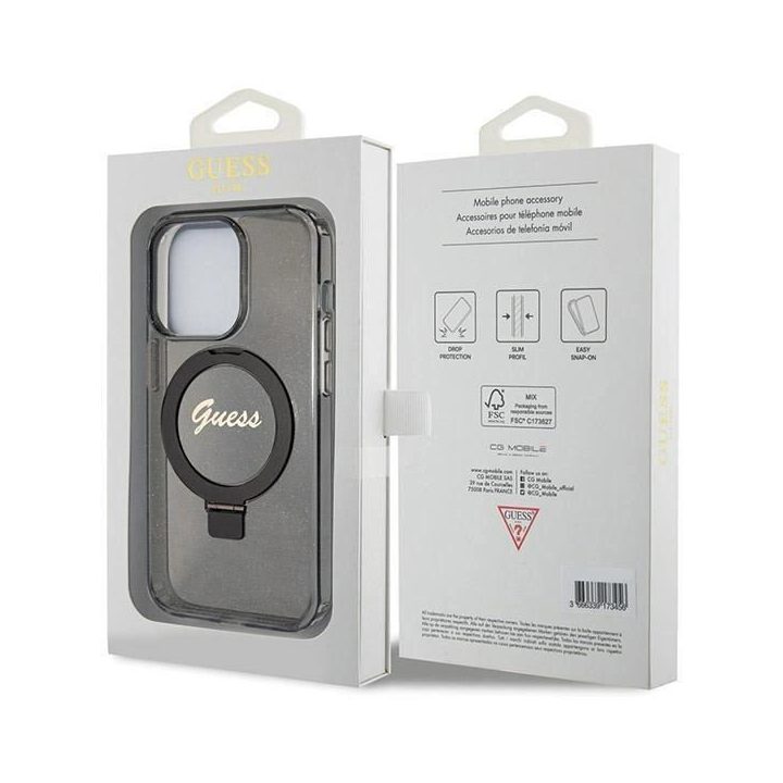 iPhone 14 Pro - juodas Guess Ring Stand Script Glitter MagSafe dėklas