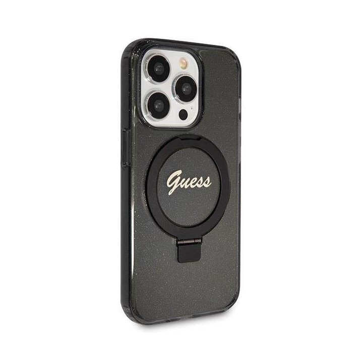 iPhone 14 Pro - juodas Guess Ring Stand Script Glitter MagSafe dėklas