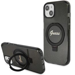 iPhone 14 / 15 / 13 - juodas Guess Ring Stand Script Glitter MagSafe dėklas