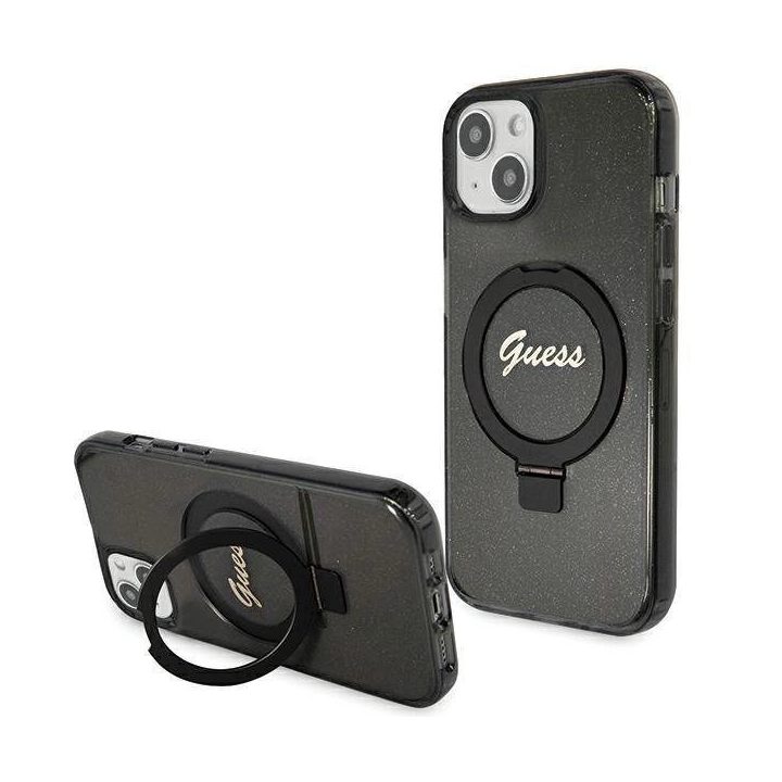 iPhone 14 / 15 / 13 - juodas Guess Ring Stand Script Glitter MagSafe dėklas