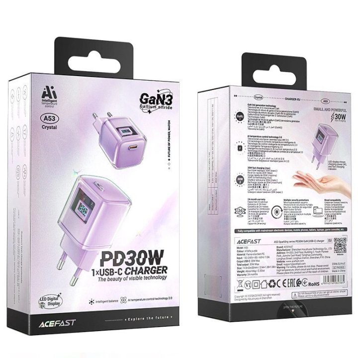 Acefast A53 PD 30W GaN USB-C įkroviklis su ekranu - violetinės spalvos