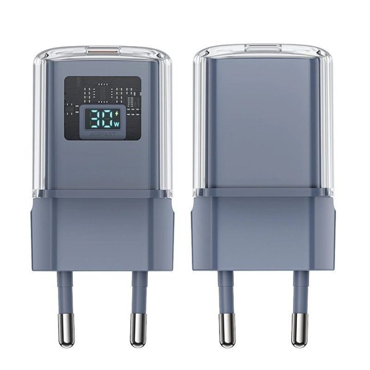 Acefast A53 PD 30W GaN USB-C įkroviklis su ekranu - pilkos spalvos