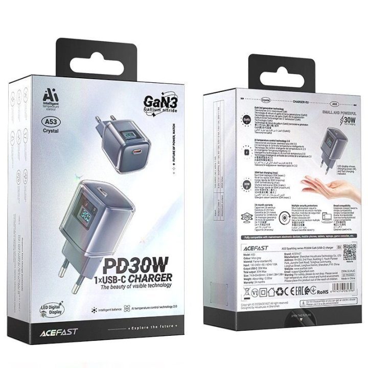 Acefast A53 PD 30W GaN USB-C įkroviklis su ekranu - pilkos spalvos