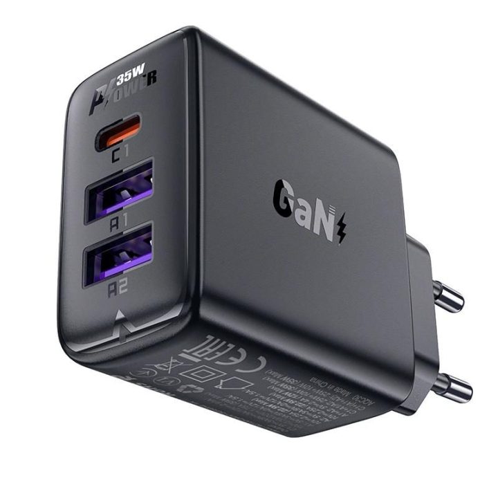 Acefast A57 PD 35W GaN įkroviklis 2 x USB C su 3 prievadais - juodas