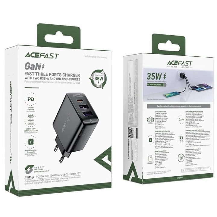 Acefast A57 PD 35W GaN įkroviklis 2 x USB C su 3 prievadais - juodas