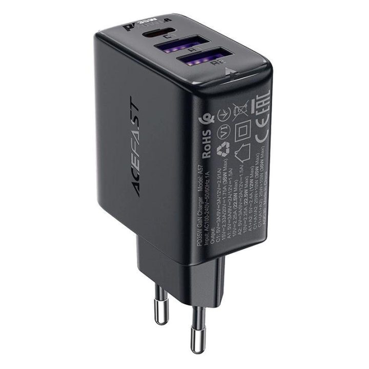 Acefast A57 PD 35W GaN įkroviklis 2 x USB C su 3 prievadais - juodas