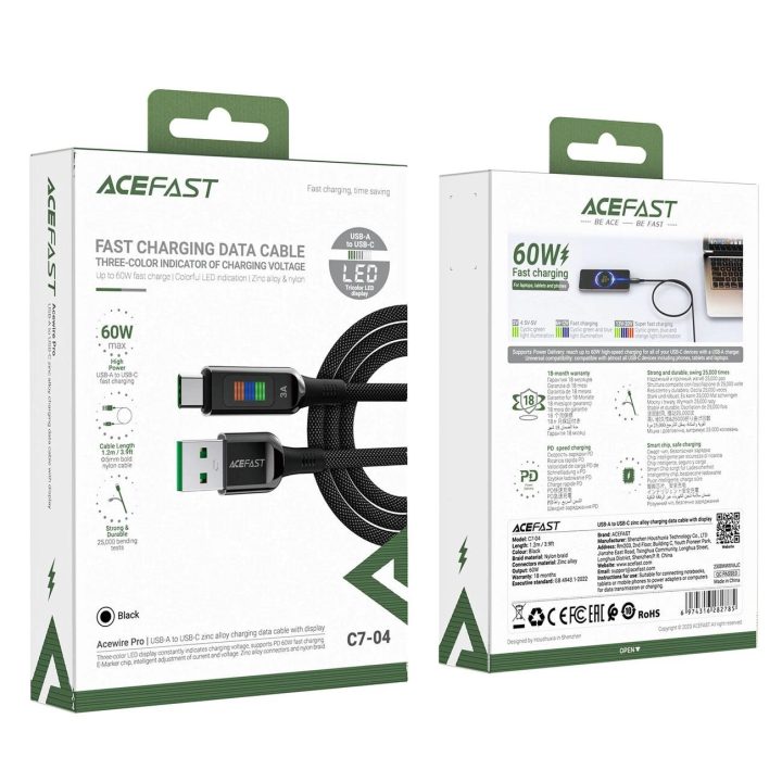 Acefast C7 C 60W 1,2 m kabelis su ekranu - juodas