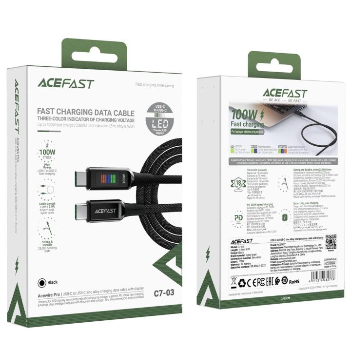 Acefast C7 C 100W 1,2 m kabelis su ekranu - juodas