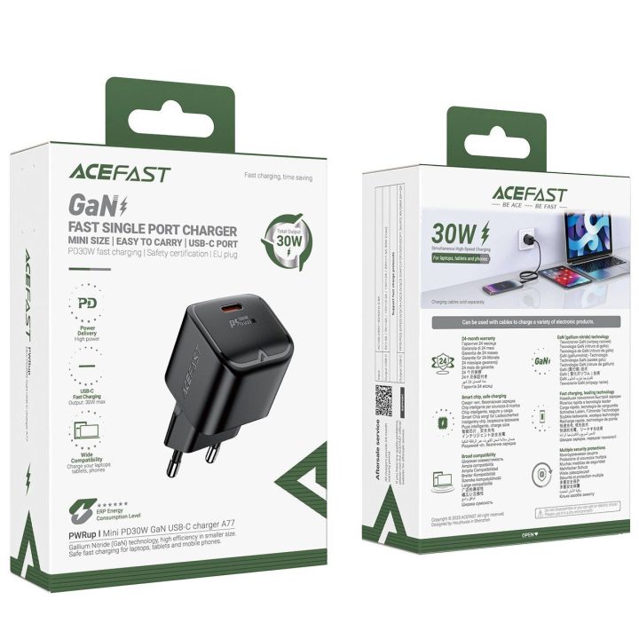 Acefast A77 Mini PD 30W GaN USB-C sieninis įkroviklis - juodas