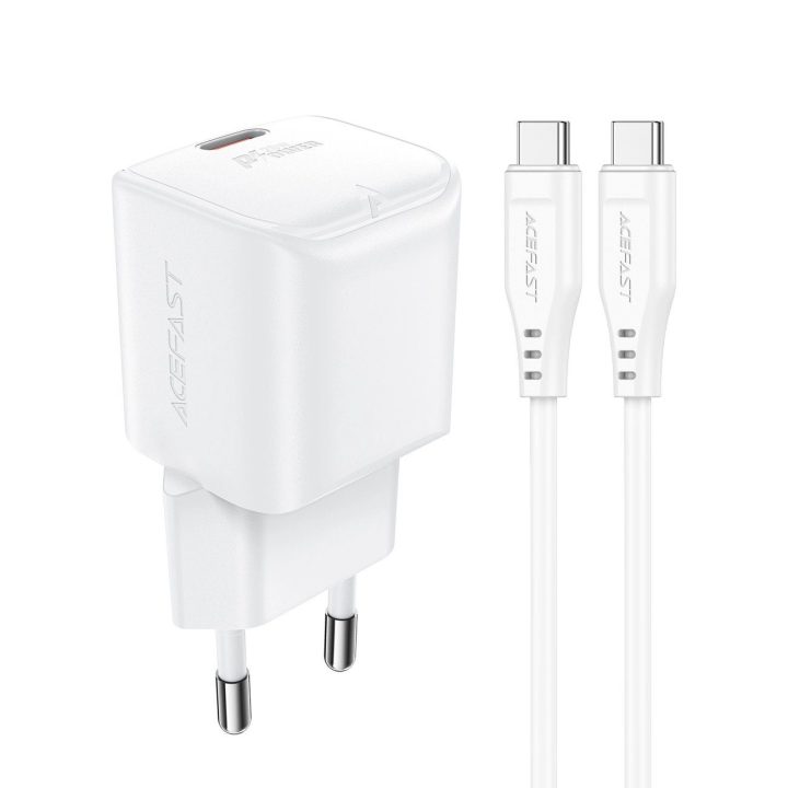 Acefast A73 Mini PD 20W GaN sieninis įkroviklis + USB-C kabelis - baltas