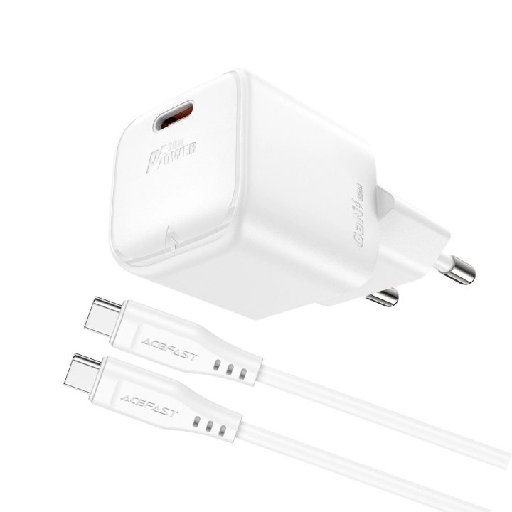 Acefast A73 Mini PD 20W GaN sieninis įkroviklis + USB-C kabelis - baltas
