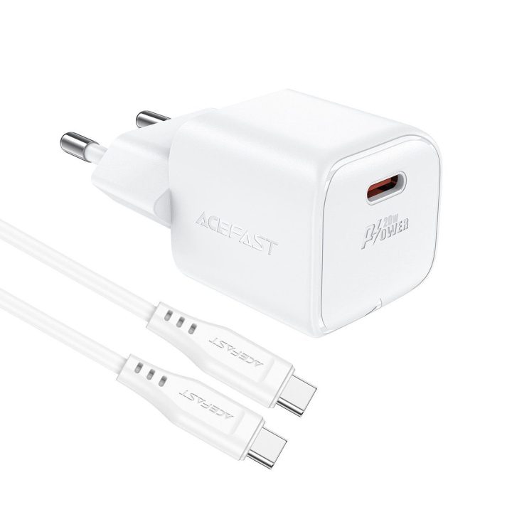 Acefast A73 Mini PD 20W GaN sieninis įkroviklis + USB-C kabelis - baltas
