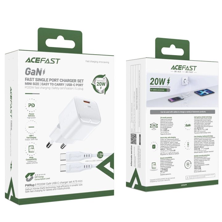 Acefast A73 Mini PD 20W GaN sieninis įkroviklis + USB-C kabelis - baltas