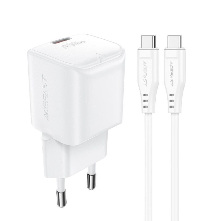 Acefast A77 Mini PD 30W GaN sieninis įkroviklis + USB-C kabelis - baltas