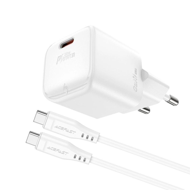 Acefast A77 Mini PD 30W GaN sieninis įkroviklis + USB-C kabelis - baltas
