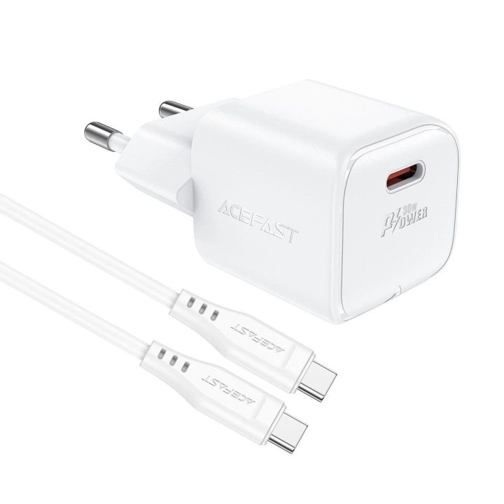 Acefast A77 Mini PD 30W GaN sieninis įkroviklis + USB-C kabelis - baltas