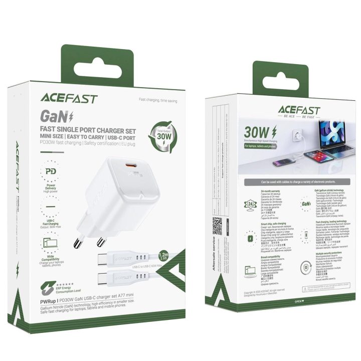 Acefast A77 Mini PD 30W GaN sieninis įkroviklis + USB-C kabelis - baltas