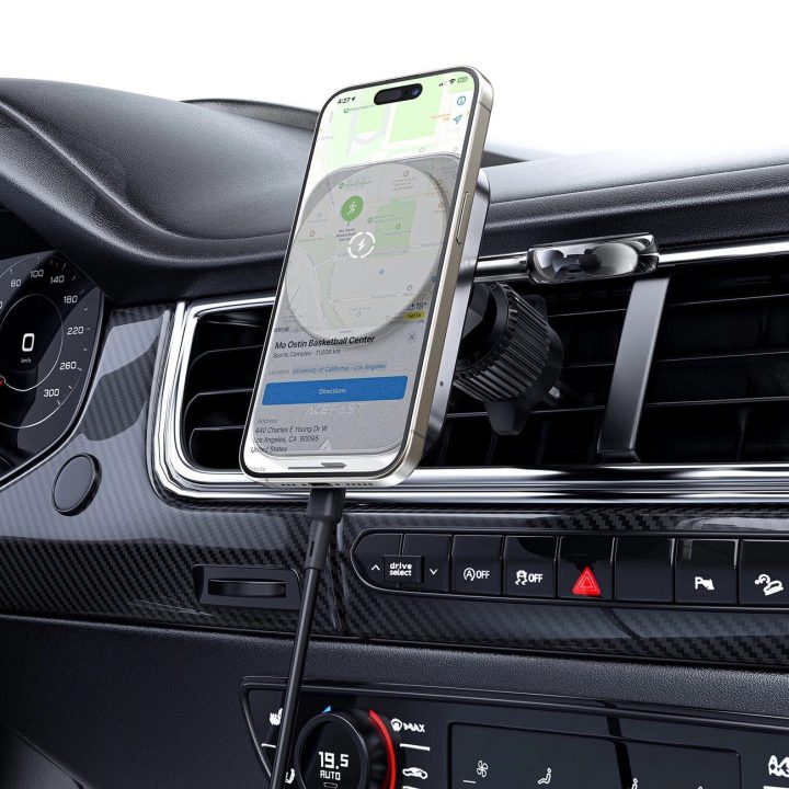 Acefast D18 automobilinis laikiklis su MagSafe / Qi indukciniu įkrovikliu + USB C laidas - juodas