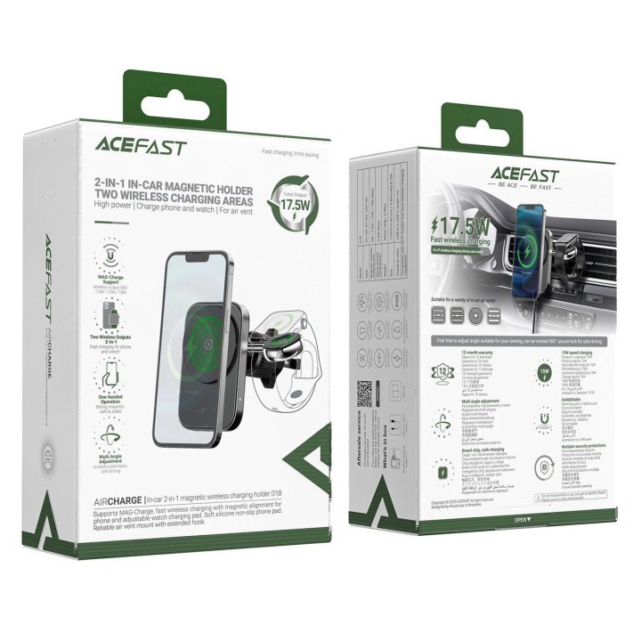 Acefast D18 automobilinis laikiklis su MagSafe / Qi indukciniu įkrovikliu + USB C laidas - juodas