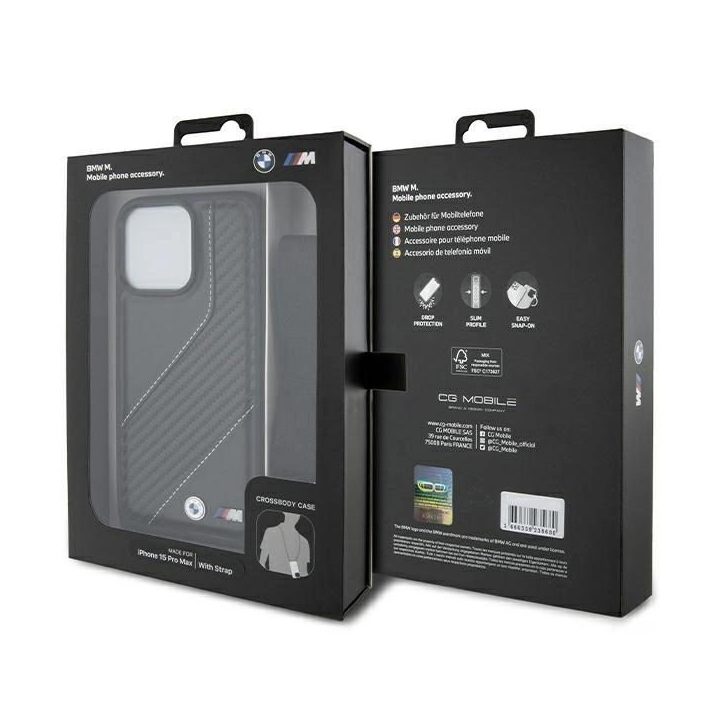 BMW M Edition Carbon Stripe & Strap dėklas iPhone 15 Pro - juodas
