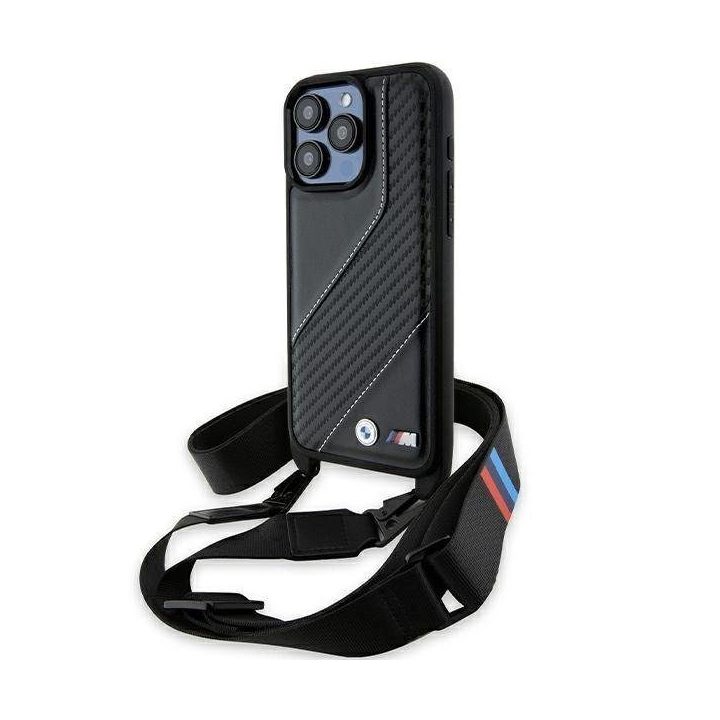 BMW M Edition Carbon Stripe & Strap dėklas iPhone 15 Pro - juodas