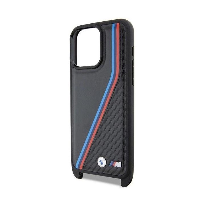 BMW M Edition Carbon Tricolor Lines & Strap dėklas iPhone 15 Pro - juodas