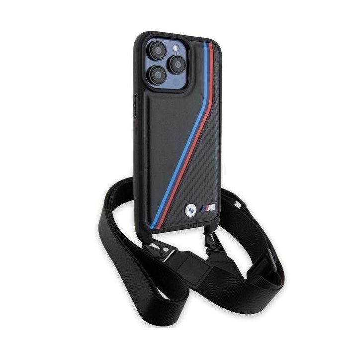 BMW M Edition Carbon Tricolor Lines & Strap dėklas iPhone 15 Pro - juodas