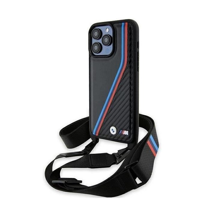 BMW M Edition Carbon Tricolor Lines & Strap dėklas iPhone 15 Pro - juodas