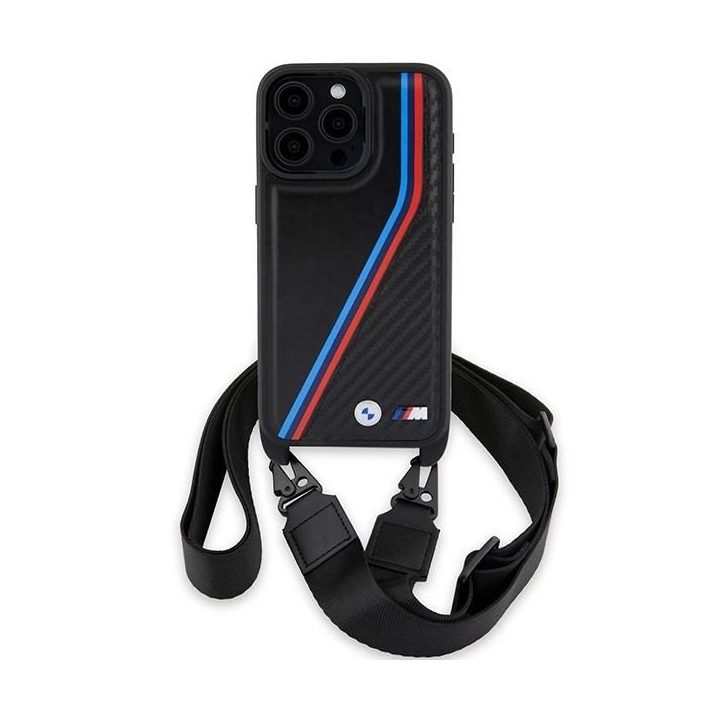 BMW M Edition Carbon Tricolor Lines & Strap dėklas iPhone 15 Pro - juodas
