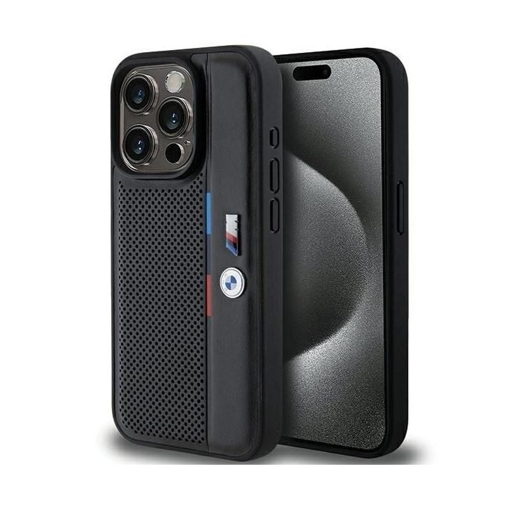 BMW perforuotas Tricolor Line dėklas iPhone 15 Pro - juodas