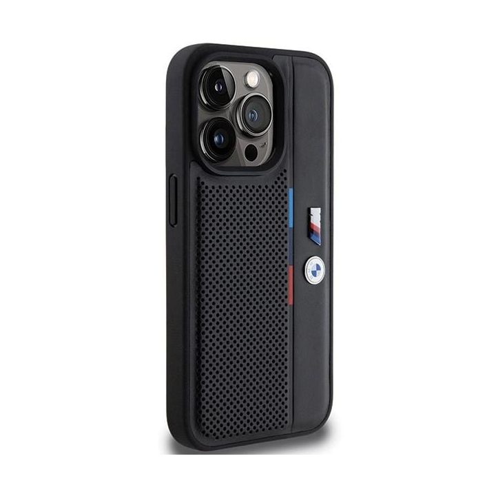 BMW perforuotas Tricolor Line dėklas iPhone 15 Pro - juodas