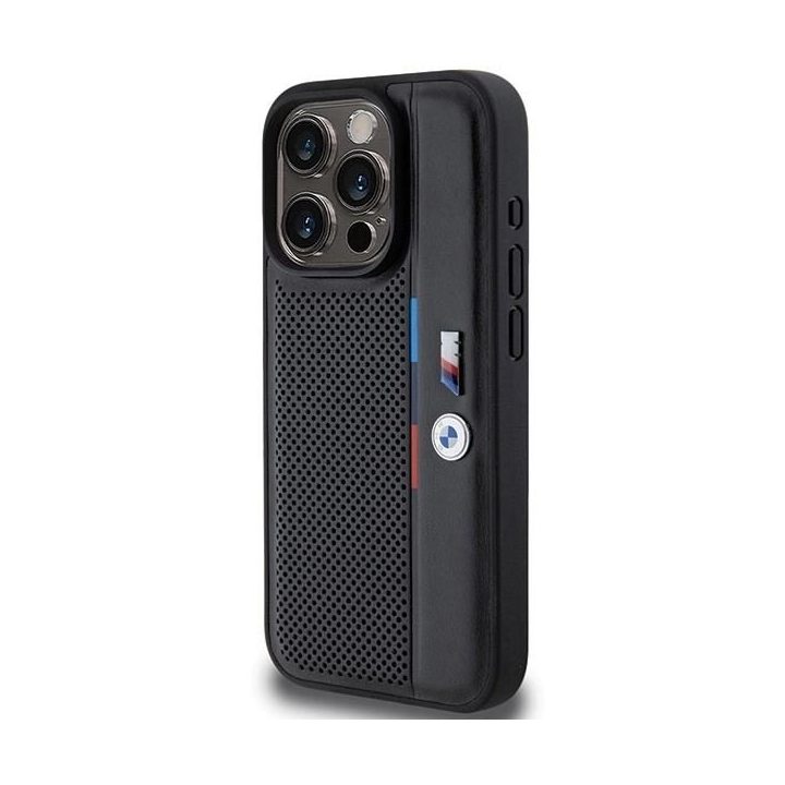BMW perforuotas Tricolor Line dėklas iPhone 15 Pro - juodas