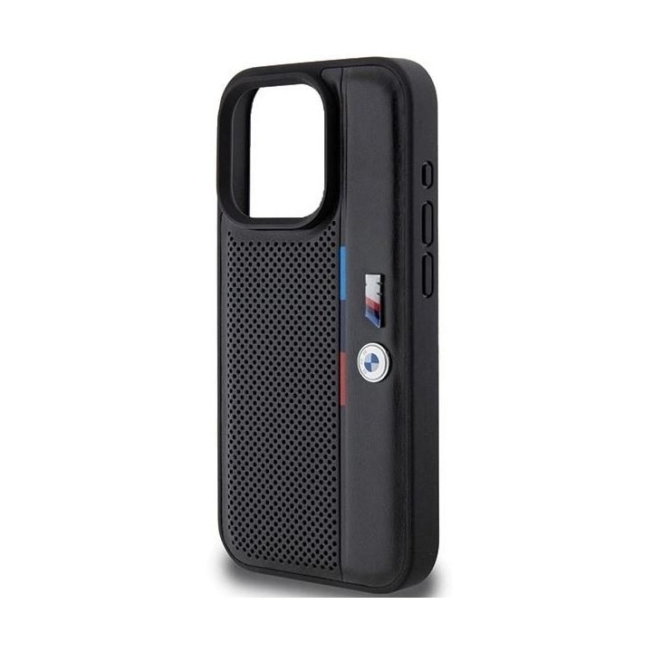 BMW perforuotas Tricolor Line dėklas iPhone 15 Pro - juodas
