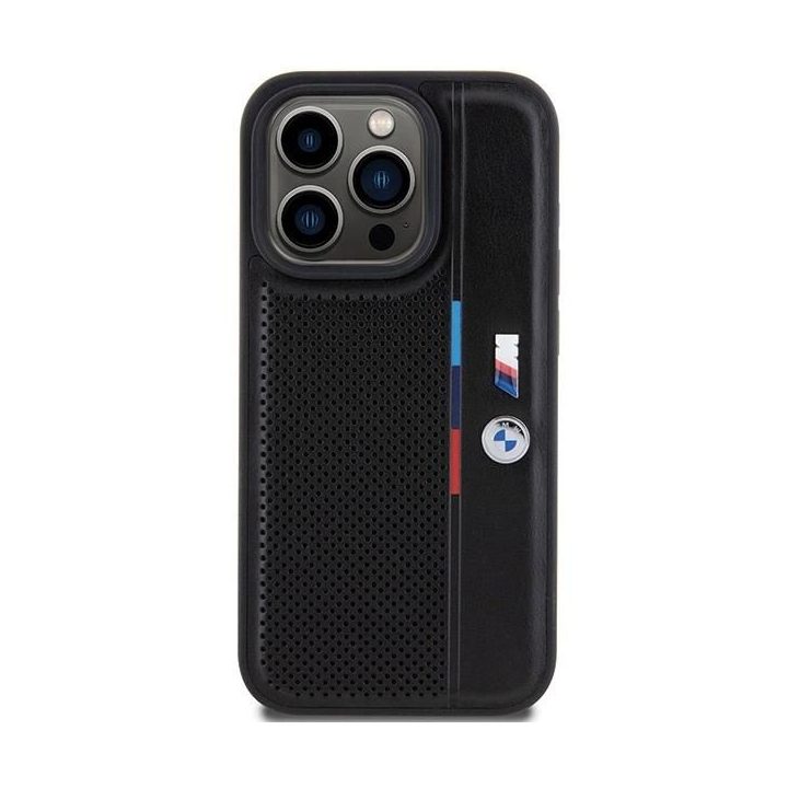 BMW perforuotas Tricolor Line dėklas iPhone 15 Pro - juodas